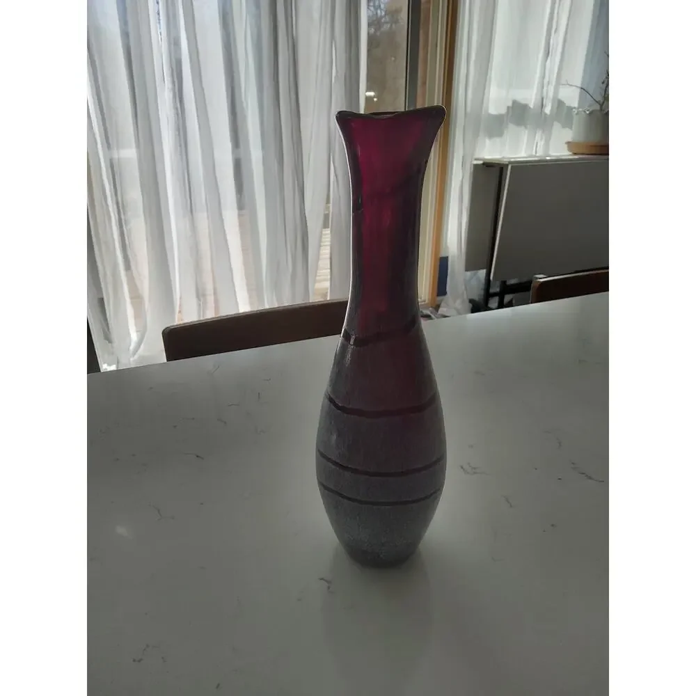 Amethyst purple blown glass vase( Blenko?) WhitevSwirl pattern/brushed